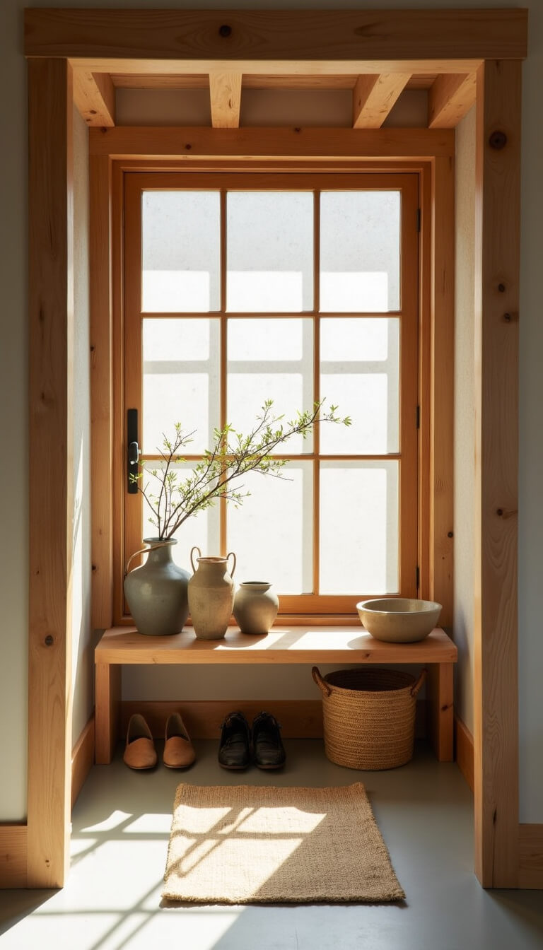 Sunlit timber-frame entry nook with wooden shelf of handmade pottery, silk runner, and natural fiber shoe basket.