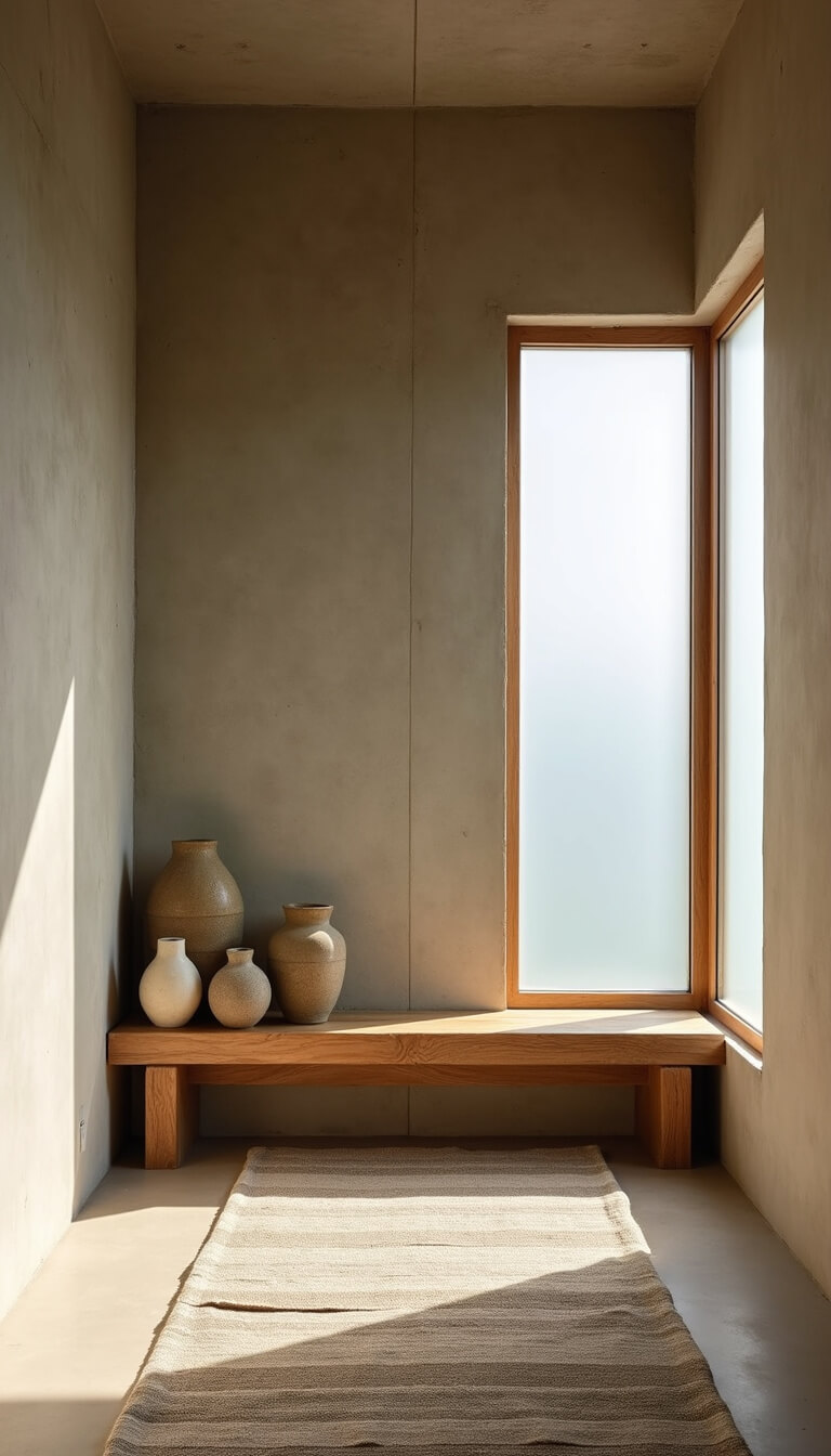 Minimalist 8x8 entryway with board-formed concrete walls, reclaimed wood bench, stone vessels, and striped cotton runner in soft morning light.