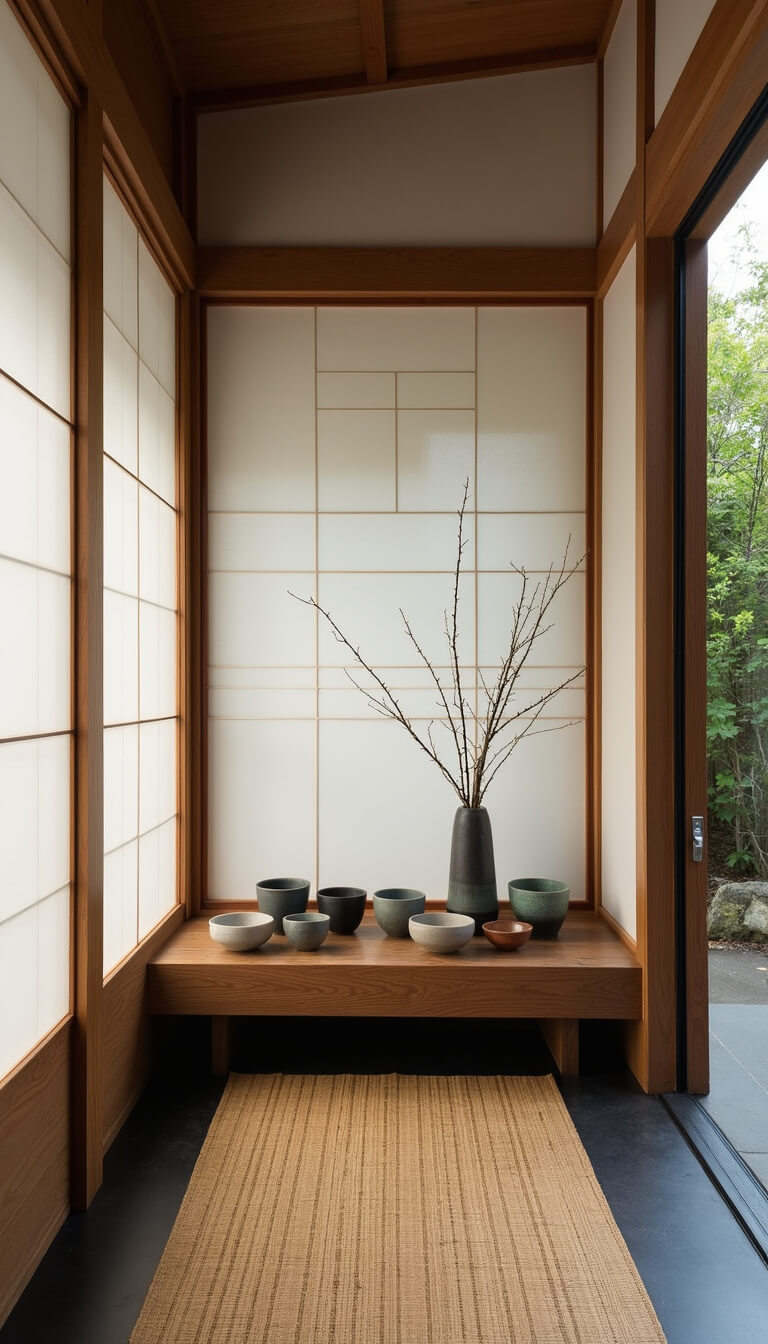 Zen-style 7x10 entryway at noon with filtered light through shoji screens, blackened oak bench, ceramic tea bowls, bamboo runner, and soft tones of white, charcoal, celadon, and bamboo.