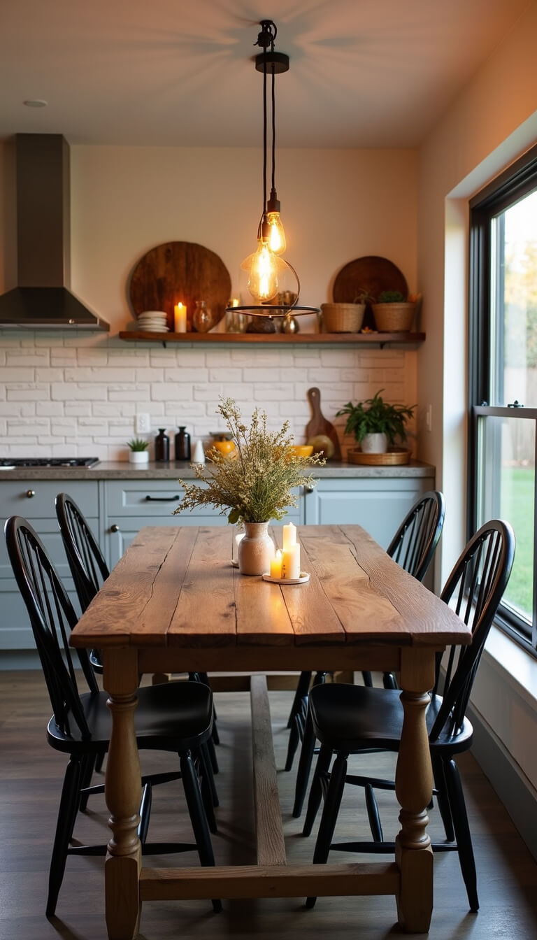 Cozy kitchen-dining space with farmhouse table, black Windsor chairs, Edison bulb chandelier, white brick backsplash, floating wood shelves, and warm golden hour lighting.