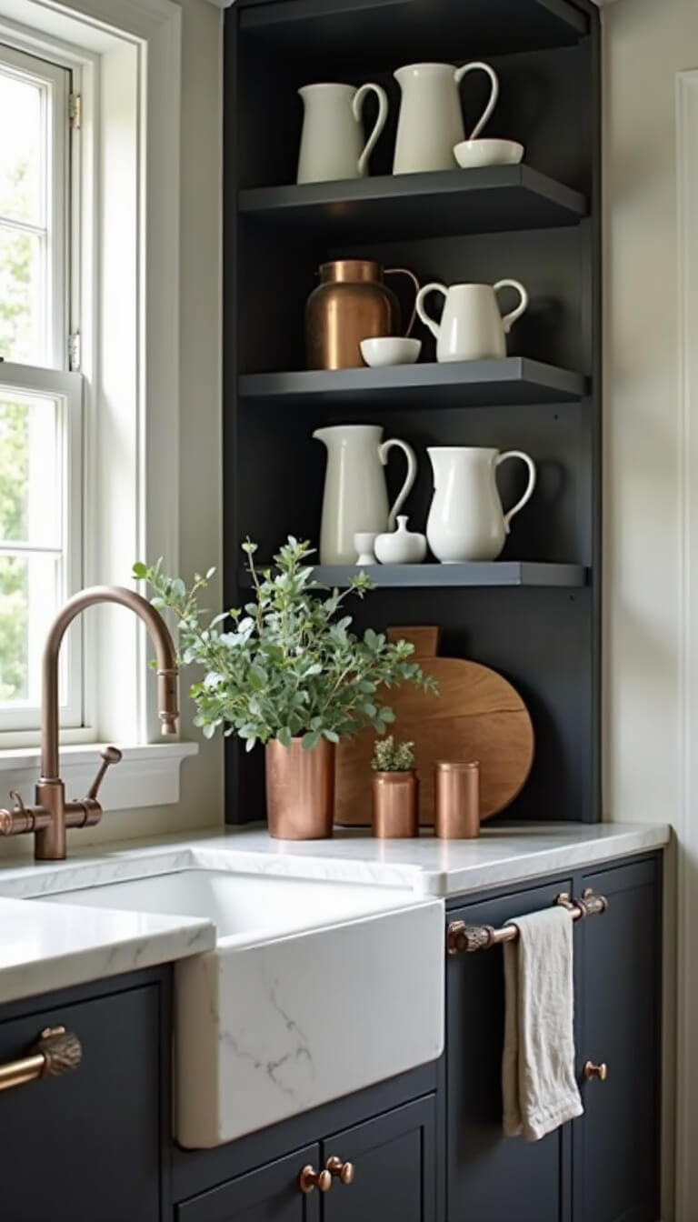 Modern farmhouse kitchen corner with black open shelves holding white ironstone and pottery, marble countertop with copper accents, eucalyptus, and vintage bread board in soft morning light.