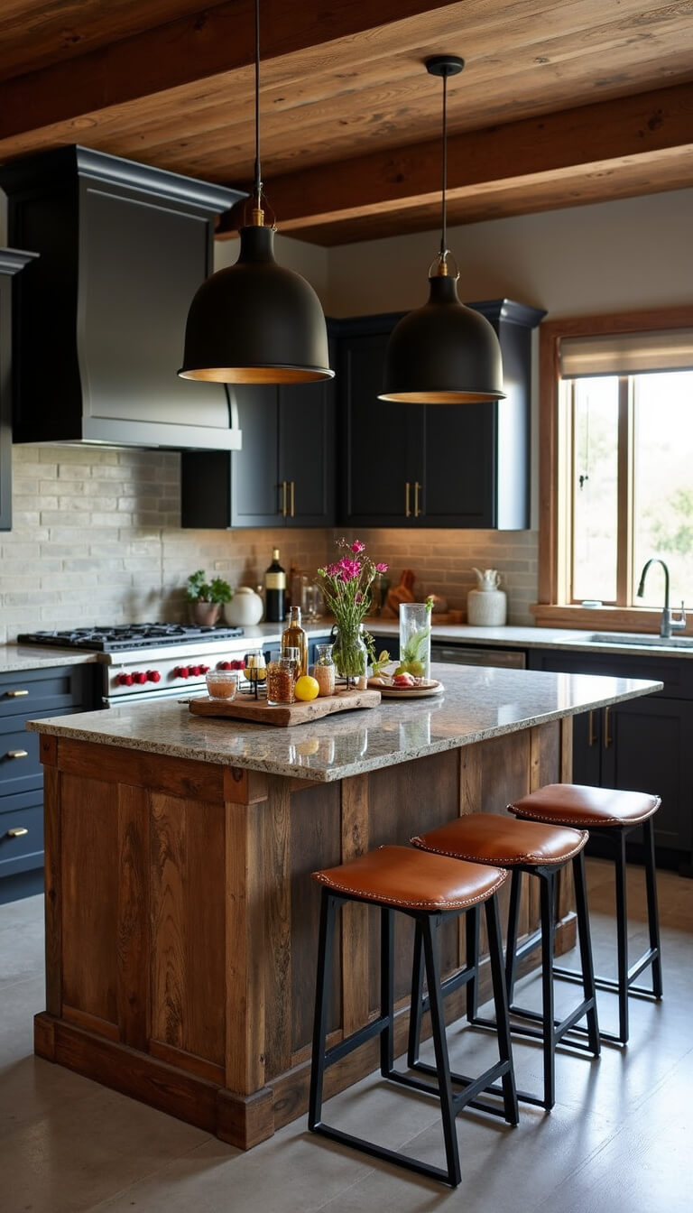 Rustic modern kitchen island with reclaimed wood base, honed granite top, leather and iron barstools, oversized black metal pendant lighting, and styled with cocktails, charcuterie, and metallic accents.