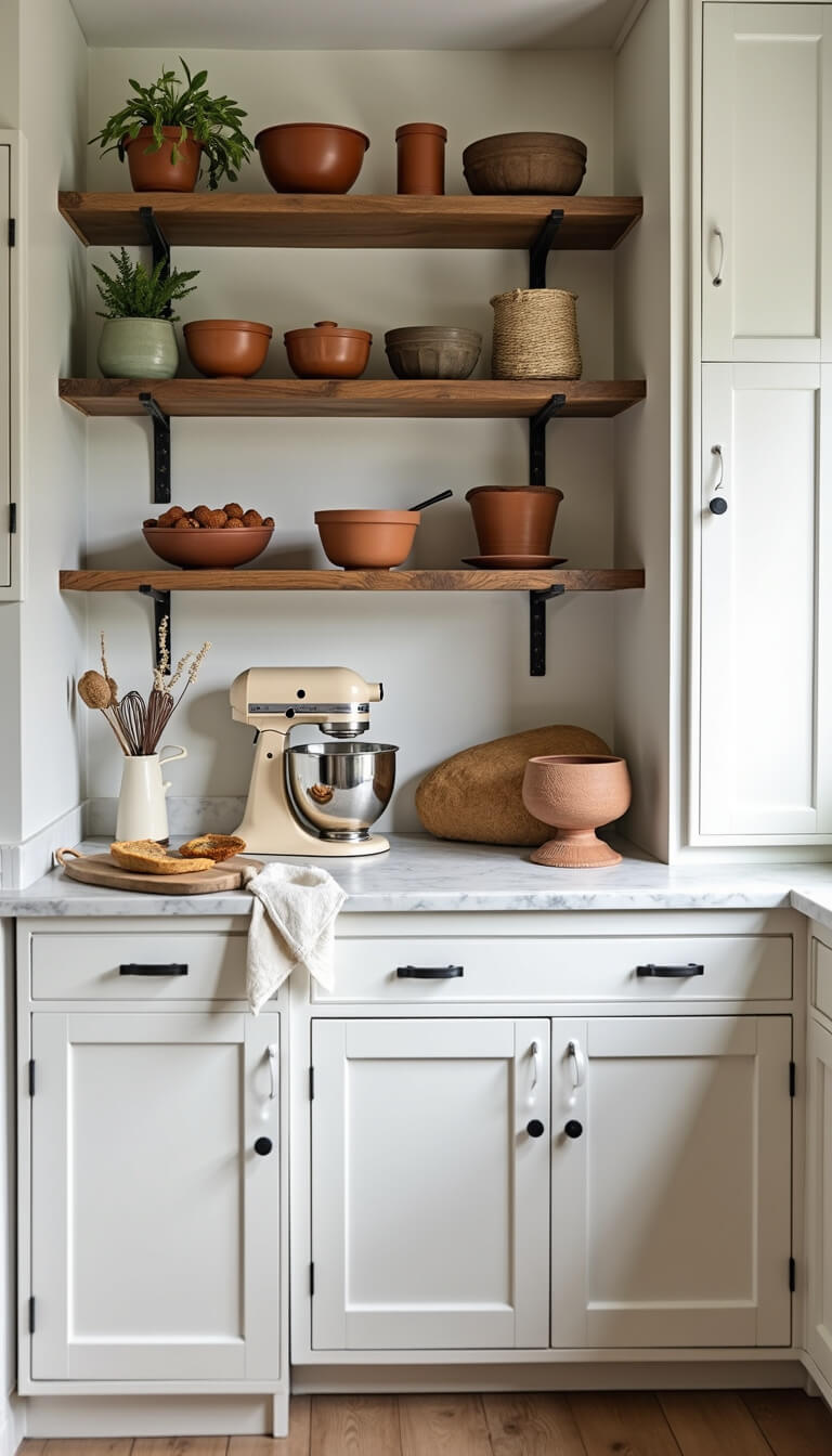 Rustic modern baking station with marble countertop, open shelves, vintage cream stand mixer, copper utensils, and earthenware bowls in soft natural light.