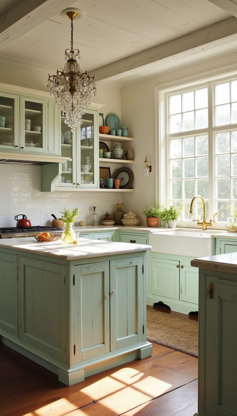 Sunlit kitchen with high ceilings, white beams, vintage mint-green island, distressed white cabinets, crystal chandelier, and floor-to-ceiling windows.