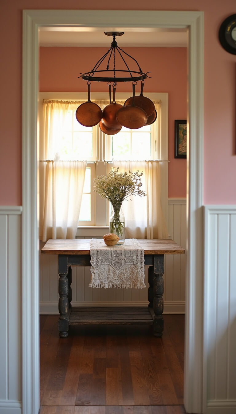 Cozy 10x12ft kitchen nook with blush pink walls, white beadboard wainscoting, vintage farmhouse table, copper pots, and soft cream curtains lit by golden hour sunlight.