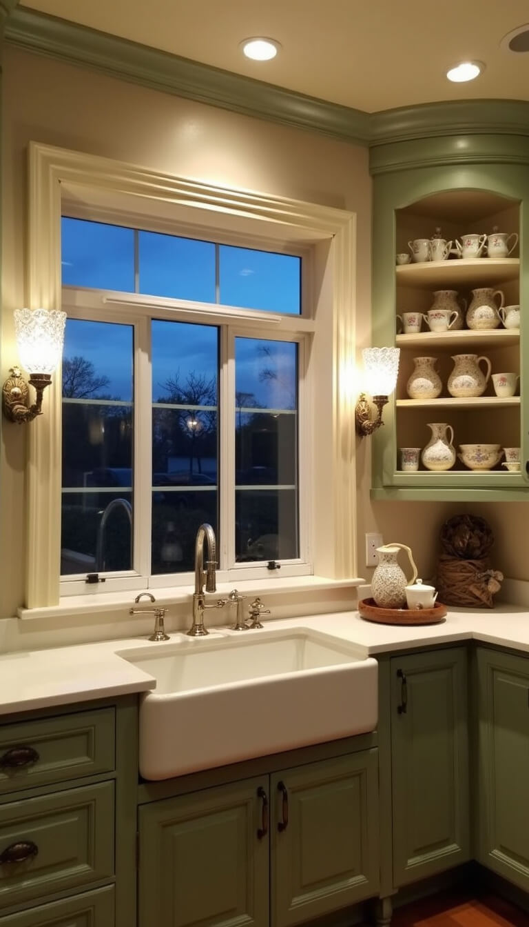L-shaped kitchen with sage green lower cabinets and creamy uppers, farmhouse sink beneath window flanked by vintage crystal sconces, open shelves with teacups, moody dusk lighting highlighting textures and patterns.