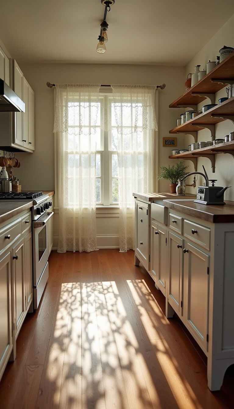 Spacious 15x18ft kitchen with restored hardwood floors, vintage decor, distressed white island, and morning light casting shadows through lace curtains.
