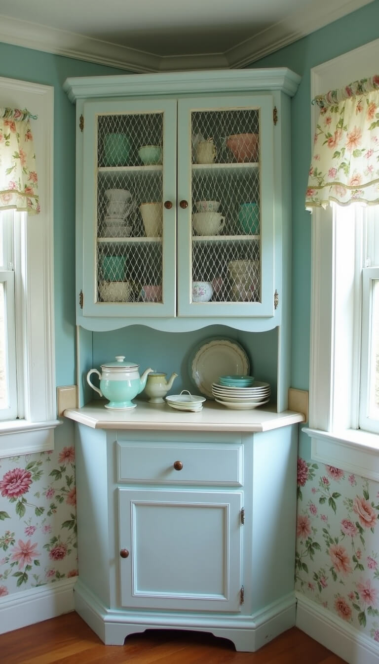 Cozy 11x13ft kitchen corner with built-in china cabinet featuring chicken wire doors, showcasing milk glass and depression glass, pale blue walls, vintage floral wallpaper accent, antique baker's rack with pastel kitchenware, in soft afternoon light.