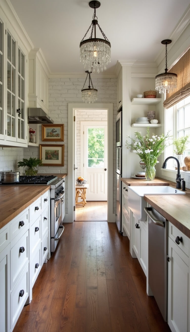 Shabby chic galley kitchen with white-washed brick walls, salvaged wood counters, crystal pendant lights, vintage pie safe pantry, and botanical prints in gilded frames.