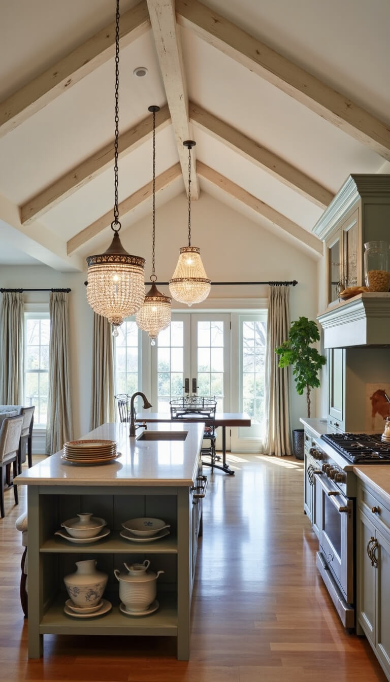 Open concept kitchen with cathedral ceiling, whitewashed rafters, crystal chandelier, antique hutch with ironstone pottery, and French doors with sheer curtains filtering light.