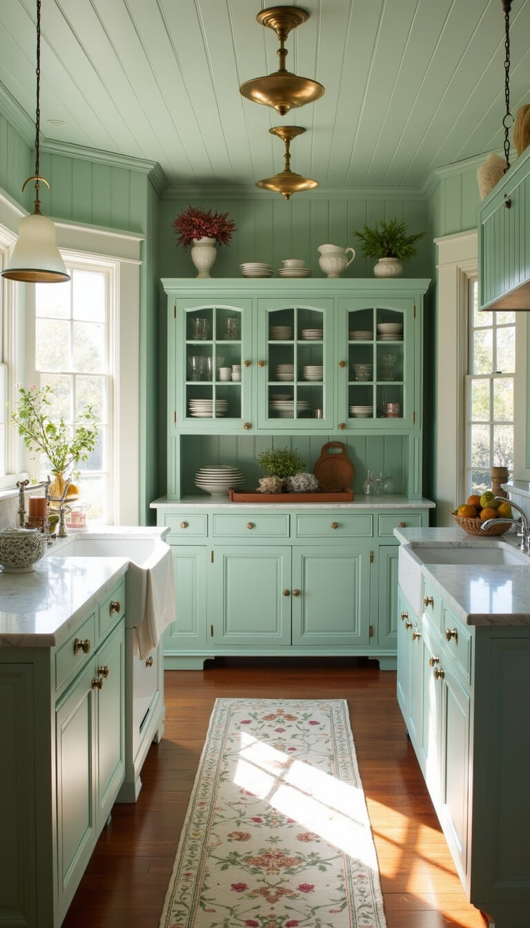 Vintage-style 12x14ft kitchen with restored 1920s Hoosier cabinet, mint beadboard ceiling, marble countertops, and brass accents in morning light.