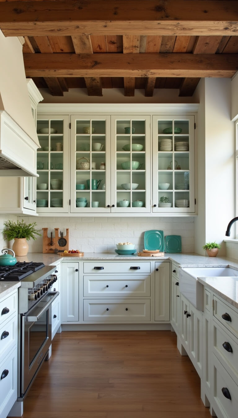 Modern shabby chic kitchen with jadeite display, distressed furniture, wood ceiling beams, and studio lighting.
