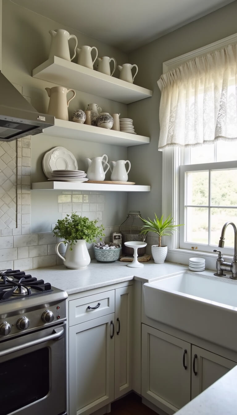 Cozy 10x10 kitchen with antique silver, white ironstone on open shelves, vintage lace curtains, pale gray walls, and top-down view of charming layout.