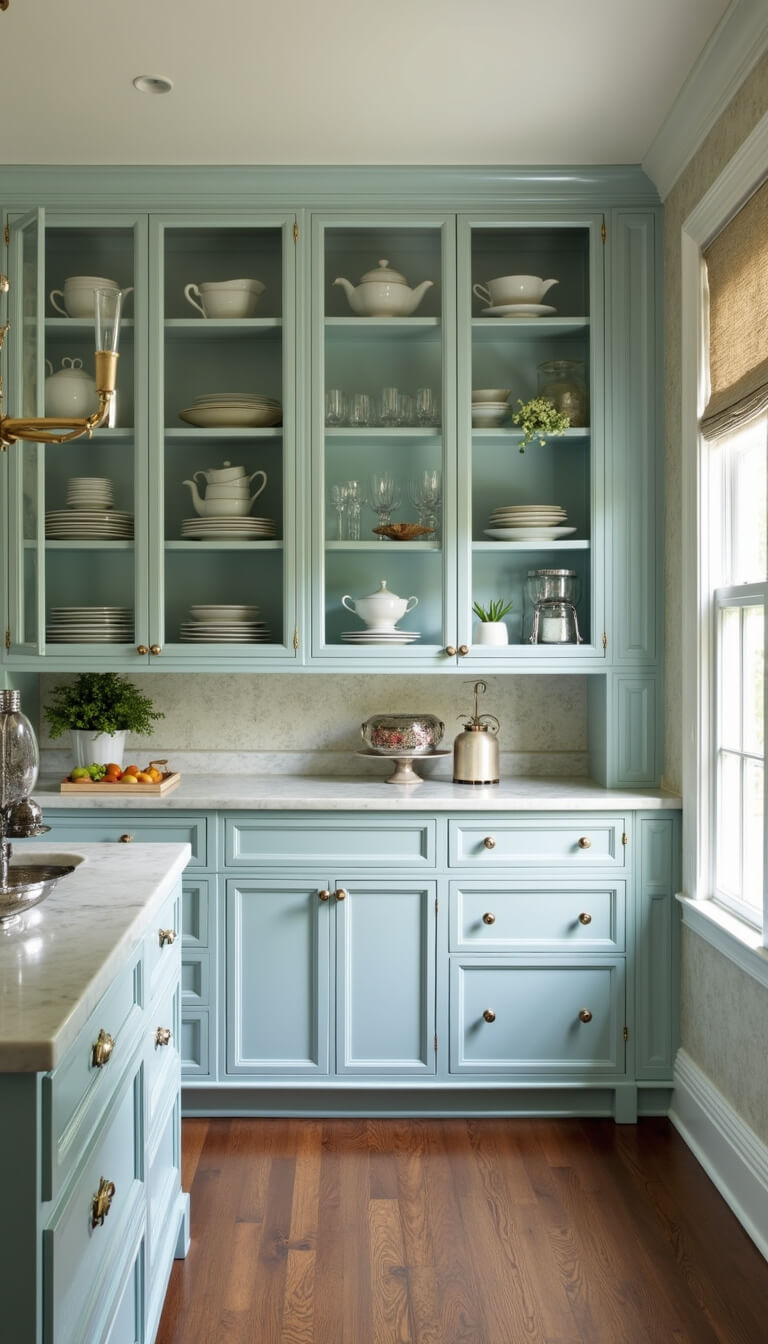 Shabby chic butler's pantry with glass-front cabinets displaying vintage china, marble island with antique silverware, pale blue and cream wallpaper, and accent lighting highlighting the vertical storage.