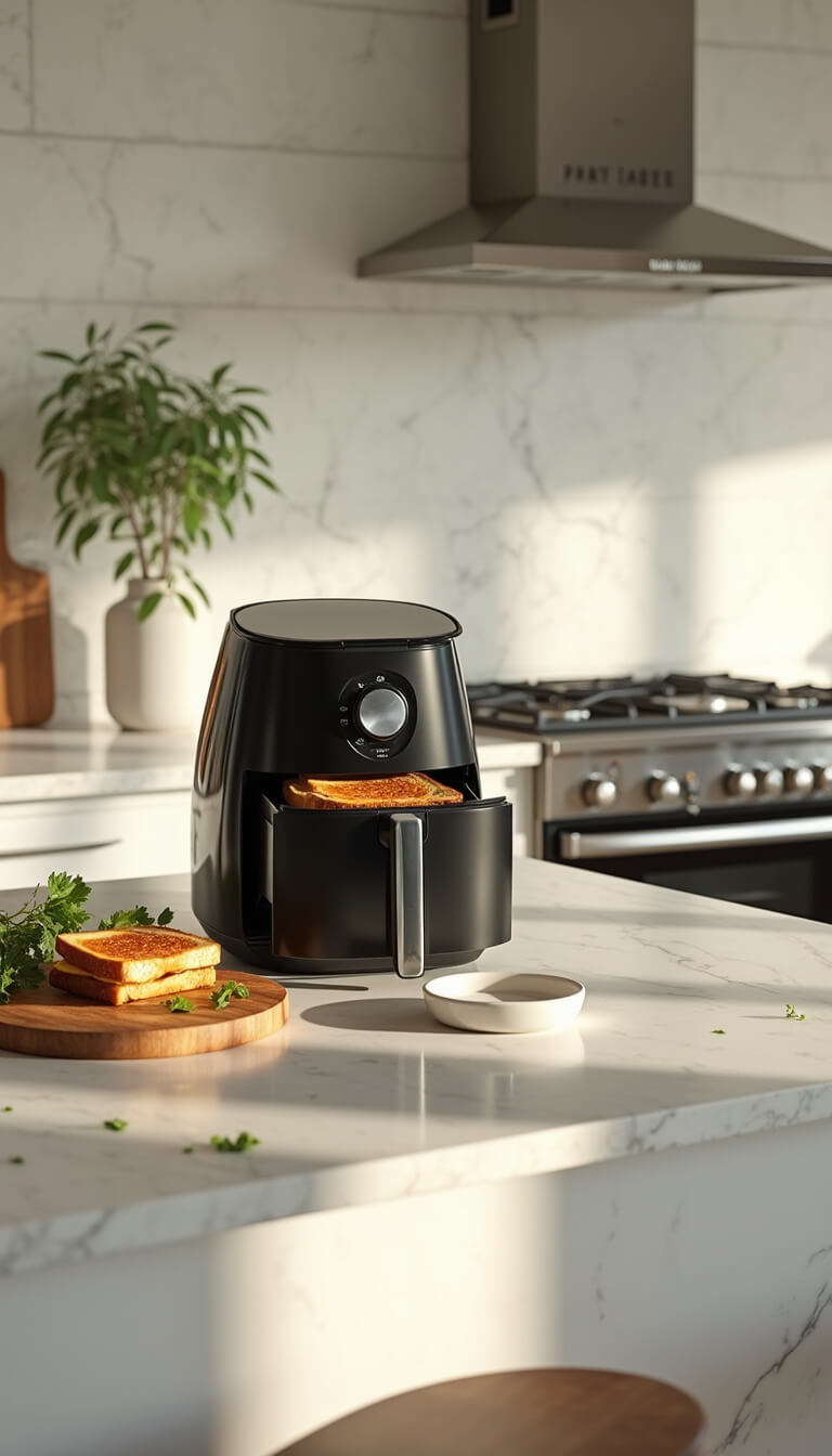 Modern minimalist kitchen with white quartz countertops, black air fryer cooking a golden grilled cheese, stainless steel appliances, marble backsplash, and natural sunlight casting dramatic shadows through floor-to-ceiling windows.