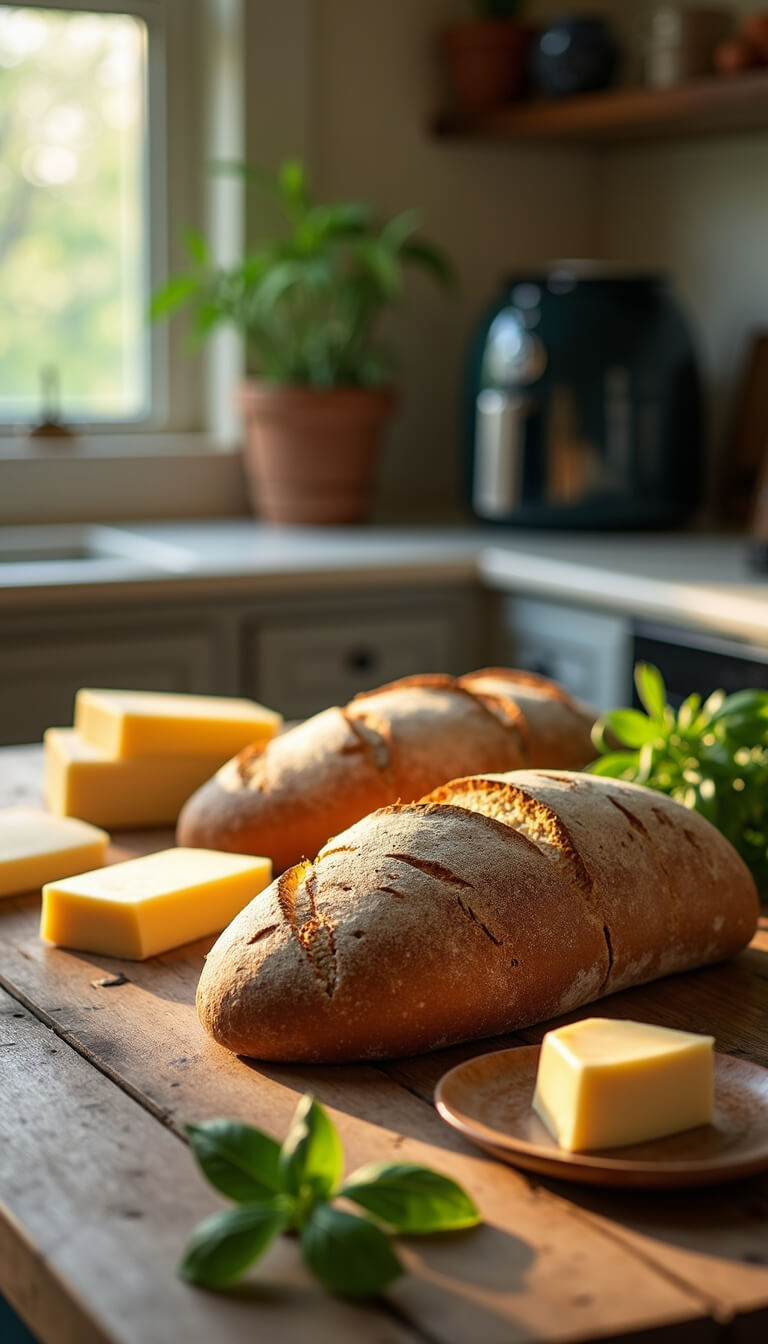 Close-up of sourdough bread, aged cheddar, and vintage butter dish on farmhouse table with air fryer blurred in background.