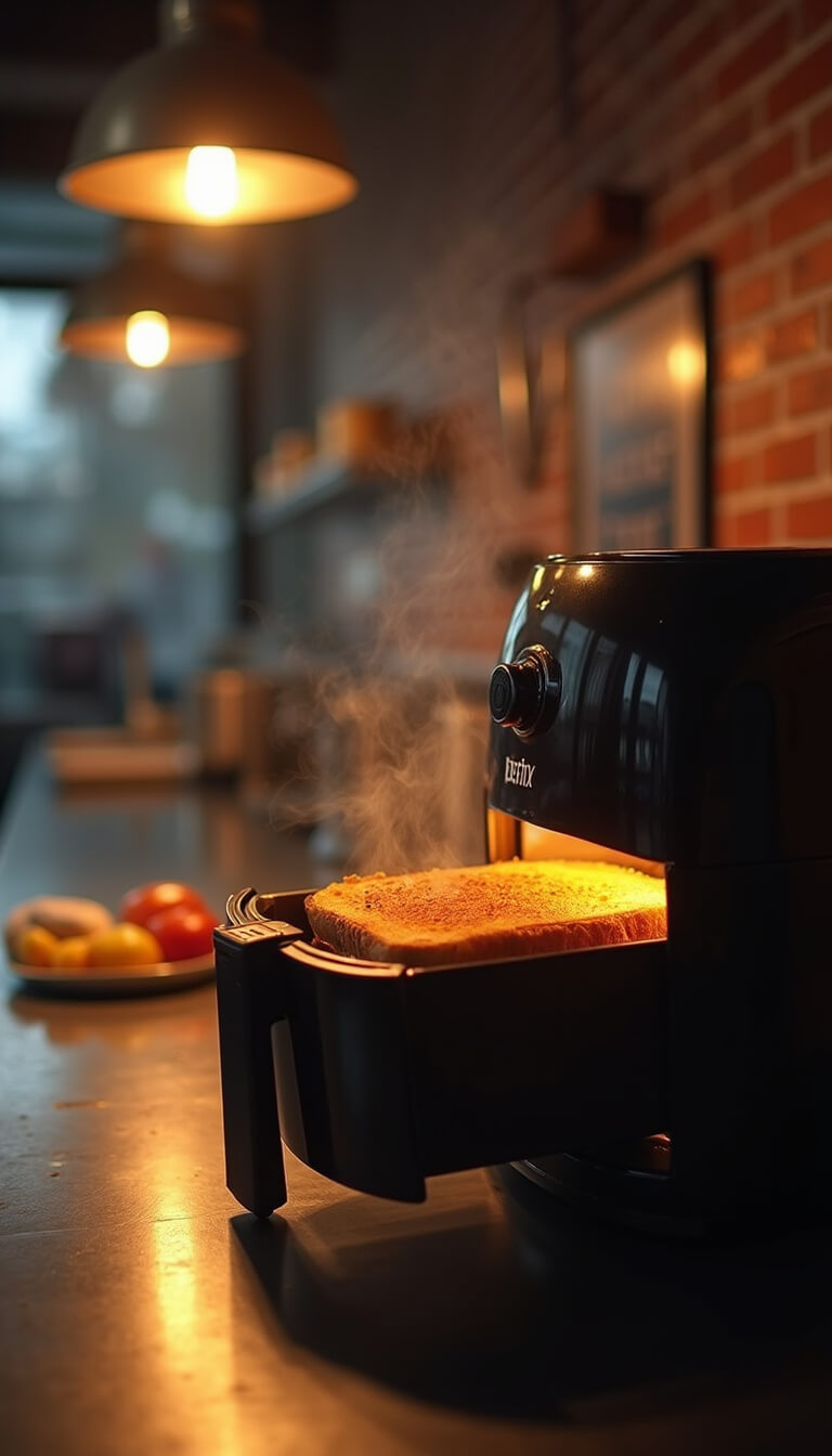 Air fryer toasting sandwich in industrial-style kitchen with exposed brick, steam rising, and dramatic lighting highlighting golden-brown bread.