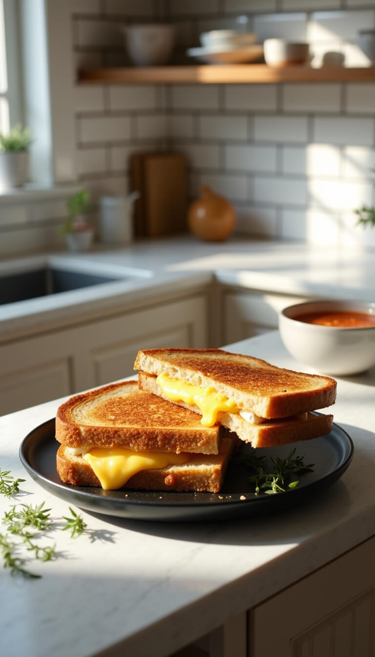 Grilled cheese sandwich with melted cheese pulls on a black plate in a bright modern kitchen, styled with herbs and tomato soup.