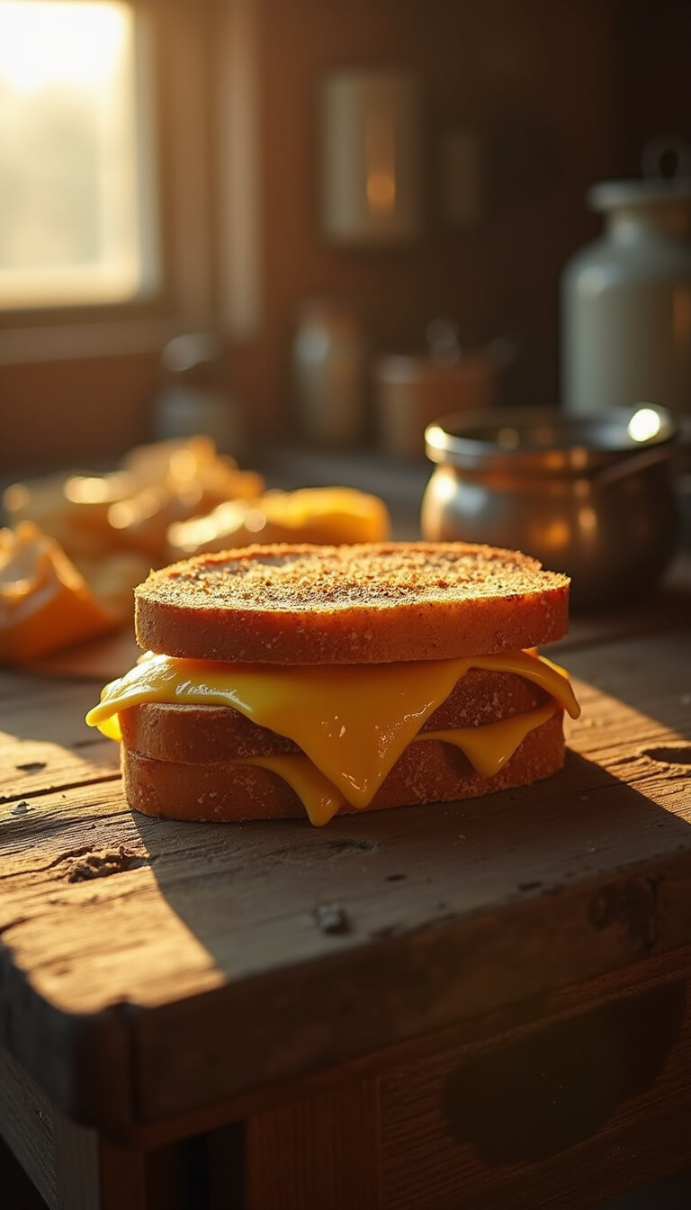 Close-up of melted cheese stretching between toasted bread in a rustic farmhouse kitchen at golden hour, with warm backlight and vintage decor in soft focus.