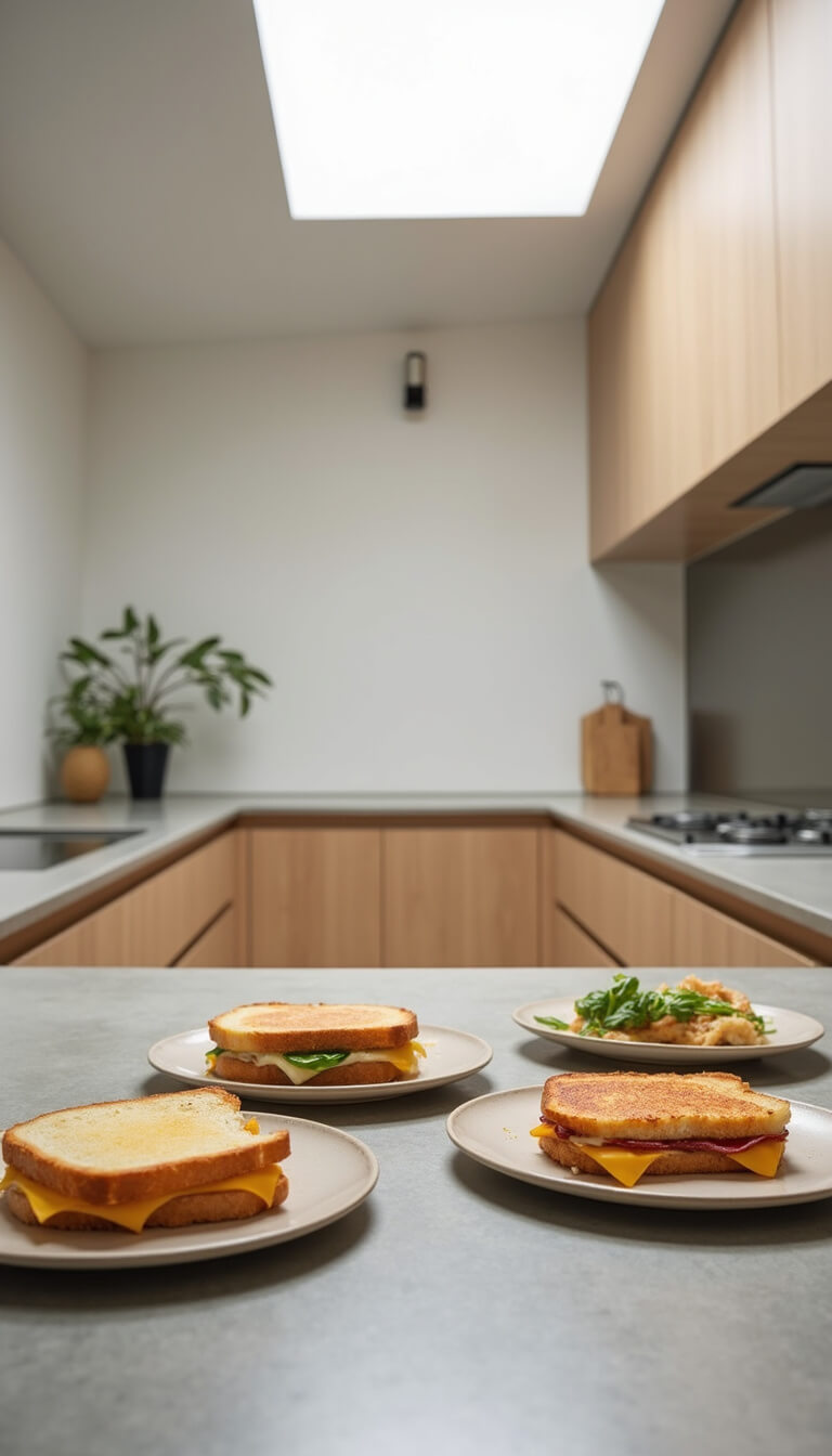 Grilled cheese variations on a concrete countertop in a modern Scandinavian kitchen with light wood and white walls, lit by natural skylight.