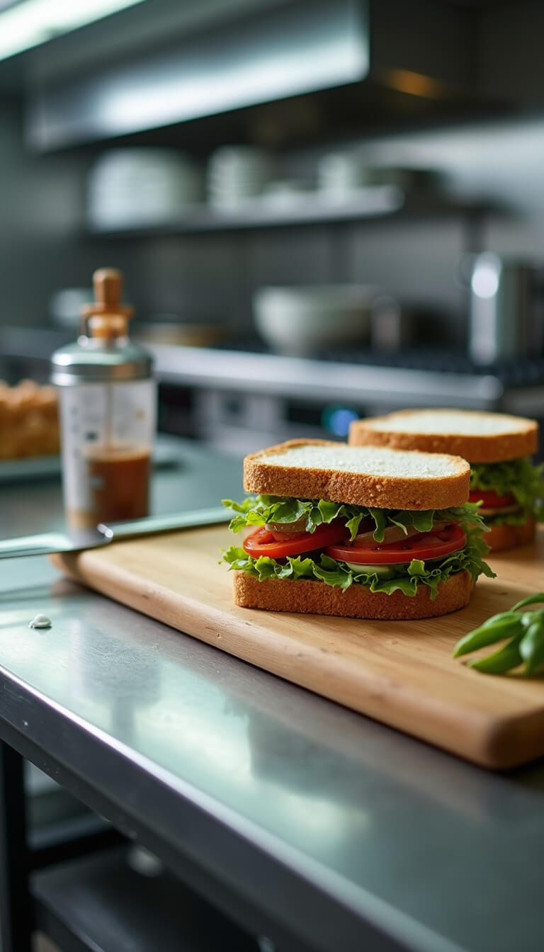 Flat-lay of sandwich ingredients precisely arranged on stainless steel kitchen surface under cool morning light.