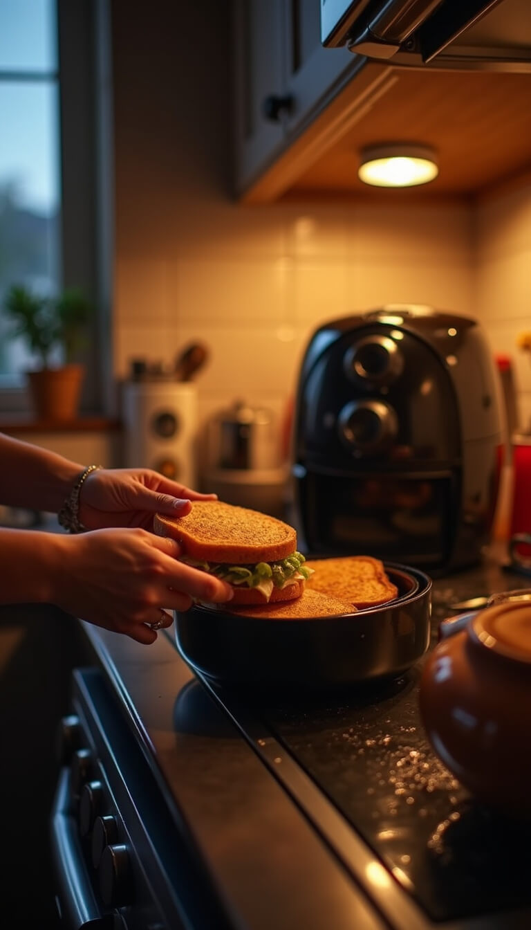 Hands removing a perfectly cooked sandwich from air fryer in cozy, warmly lit kitchen at dusk.
