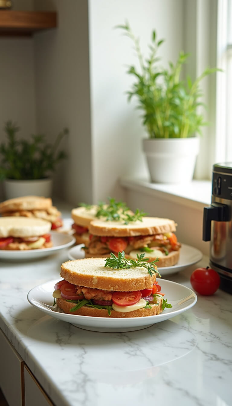 Airy kitchen with marble counters and brass accents, showcasing an air fryer station and sandwiches on white plates, lit by natural light.
