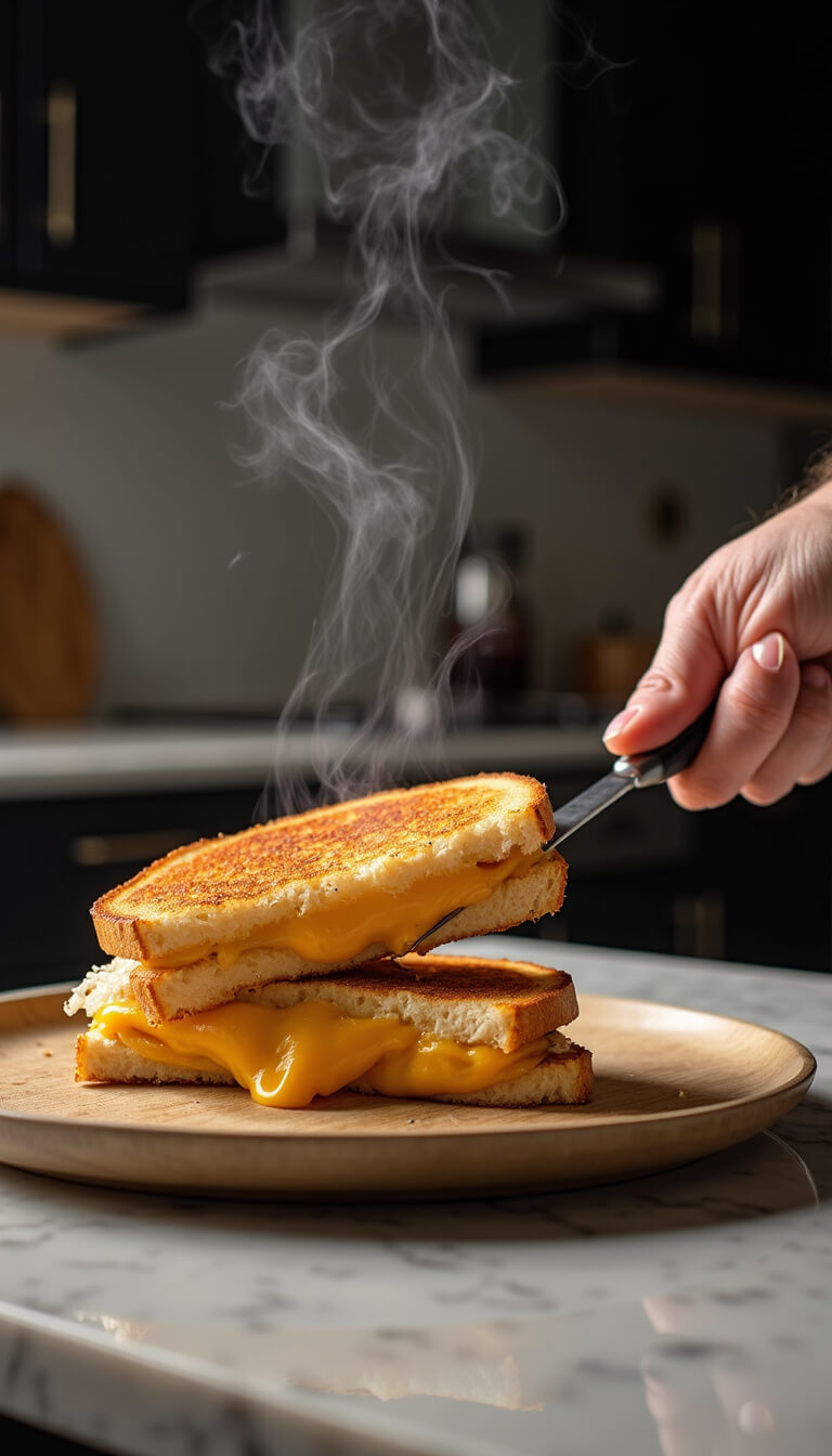 Grilled cheese being sliced in modern kitchen with dark cabinets and quartz counters, melted cheese stretching, steam rising in dramatic side lighting.