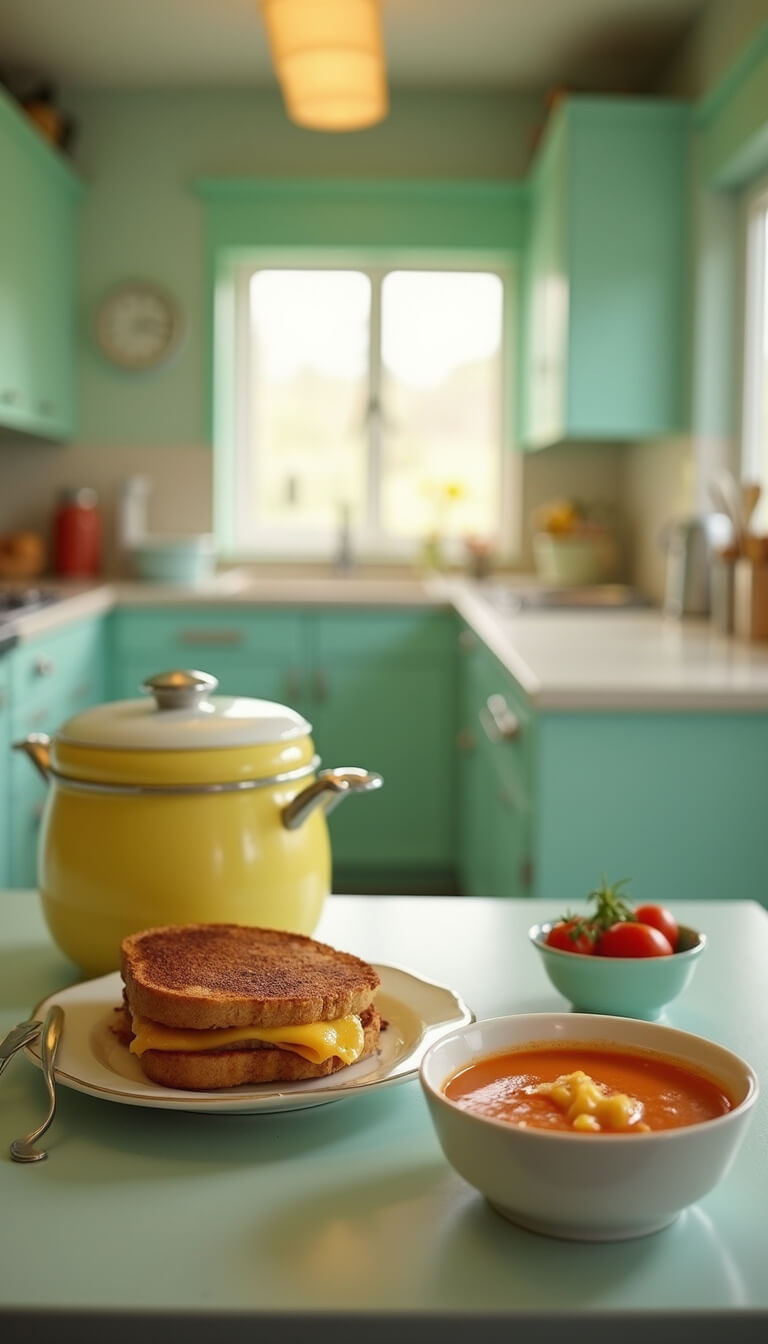 Vintage-style kitchen with pastel decor, retro appliances, and a full lunch setting featuring air fryer grilled cheese, tomato soup, and garnishes under soft, nostalgic lighting.