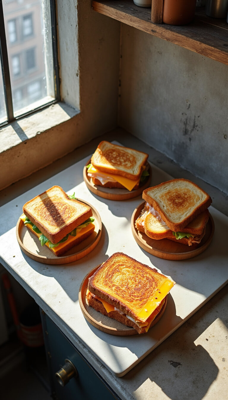 Overhead view of assorted grilled cheese sandwiches on concrete countertop in urban loft kitchen with industrial design and strong natural light.