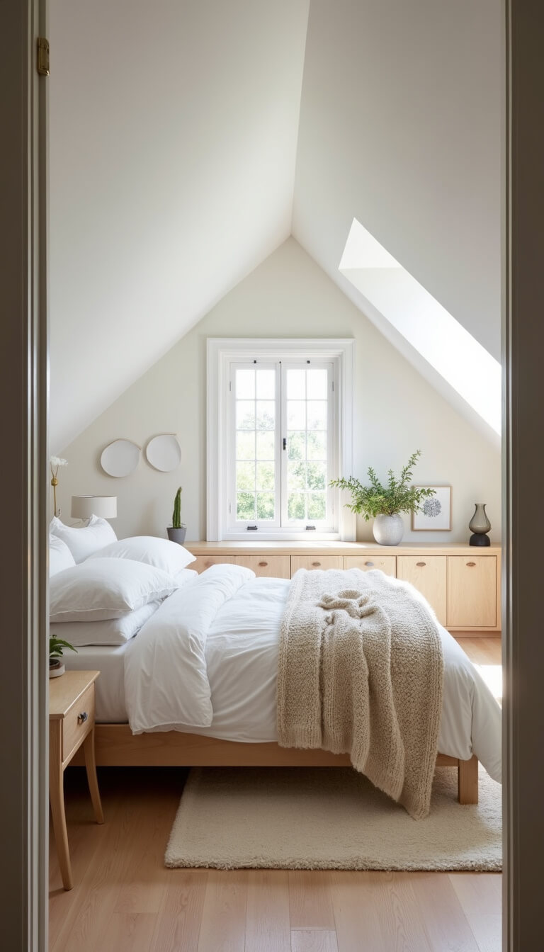 Sunlit attic bedroom with sloped ceiling, oak platform bed, white bedding, dormer windows, and Scandinavian minimalist decor.