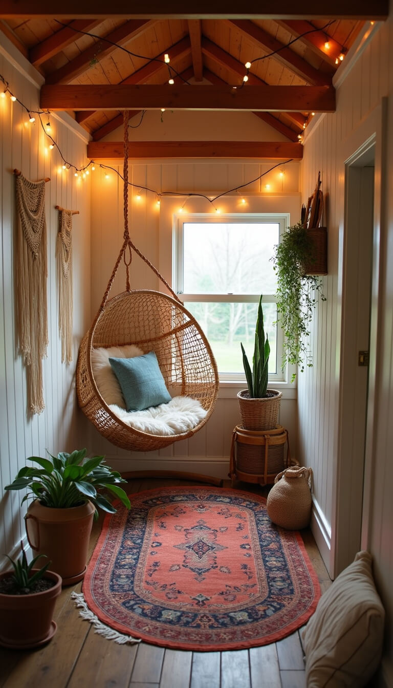 Cozy boho attic nook with hanging rattan chair, vintage rugs, macramé art, and string lights under exposed beams at golden hour.