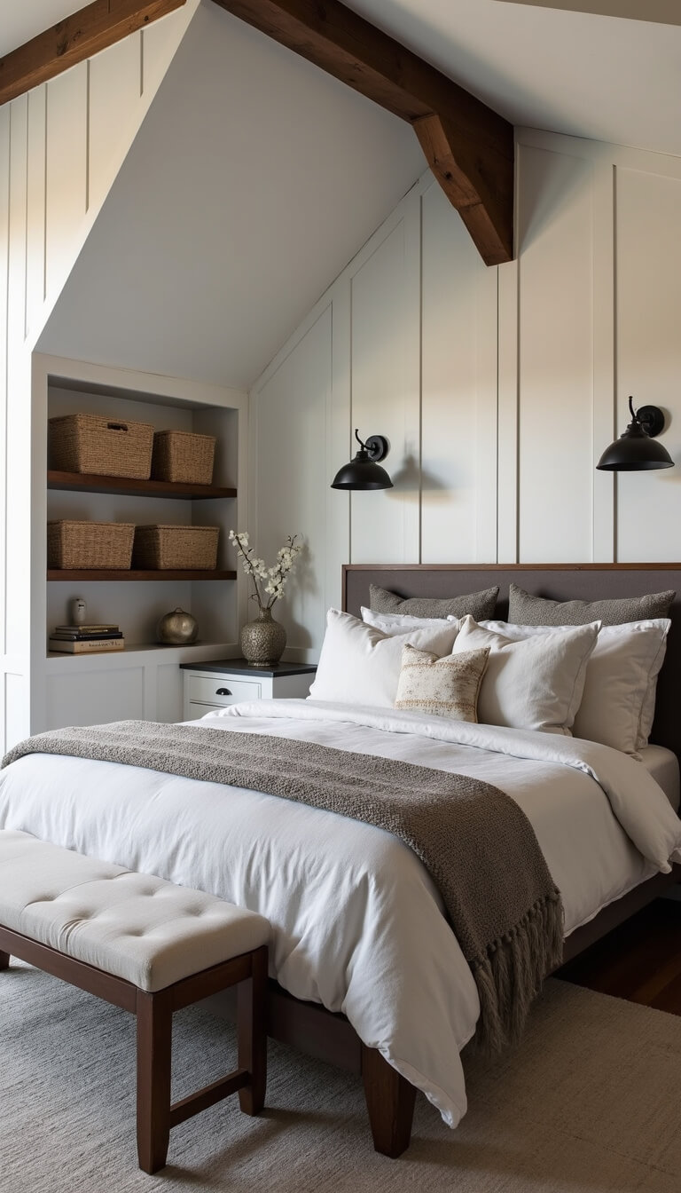 Modern farmhouse attic bedroom with king bed in dove gray linens, white eave storage, brass hardware, black sconces, wooden bench, and woven baskets, lit by warm dusk and interior lighting.