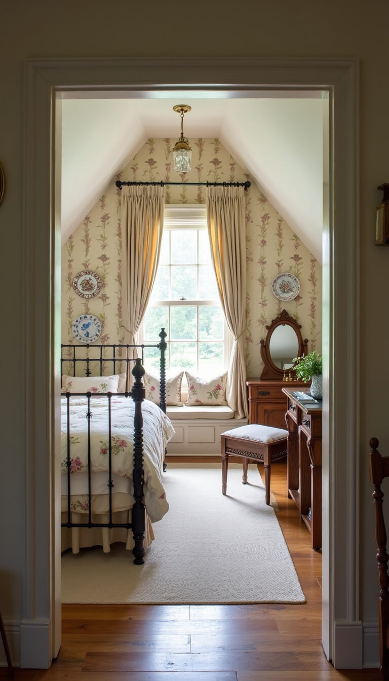Cottagecore attic bedroom with floral wallpaper, antique iron bed, vintage vanity under dormer, window seat with botanical cushions, and mixed china plates on walls.