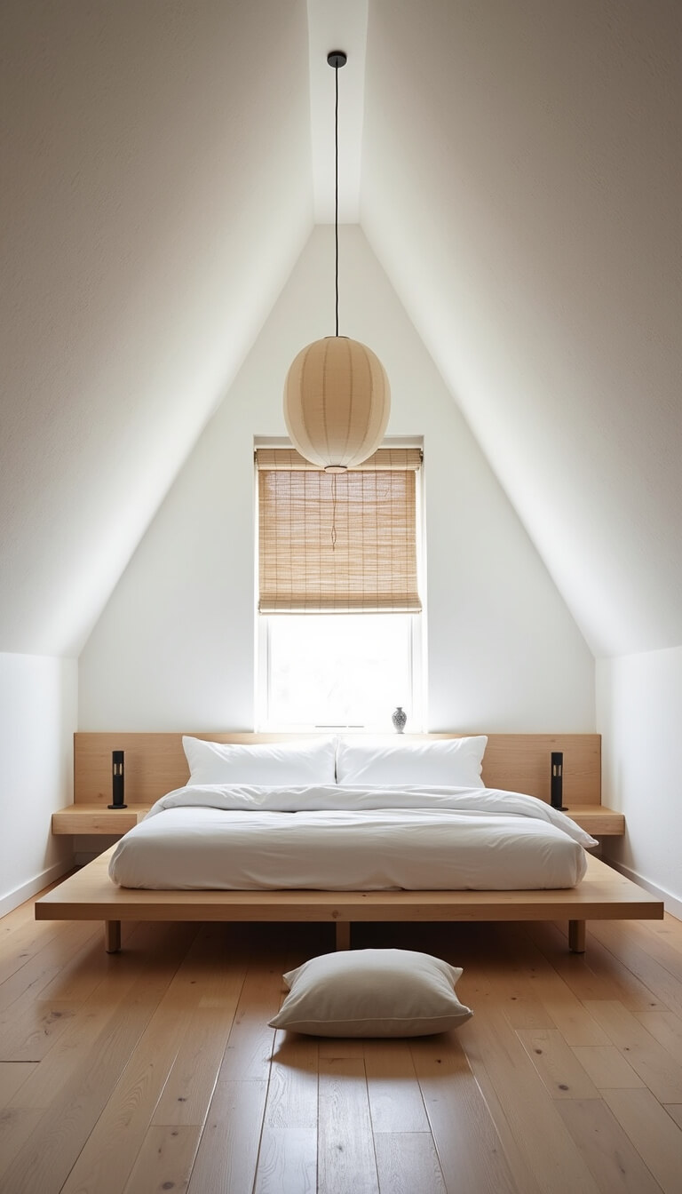 Minimalist zen attic with platform bed, floor cushions, rice paper lantern, and soft natural lighting.