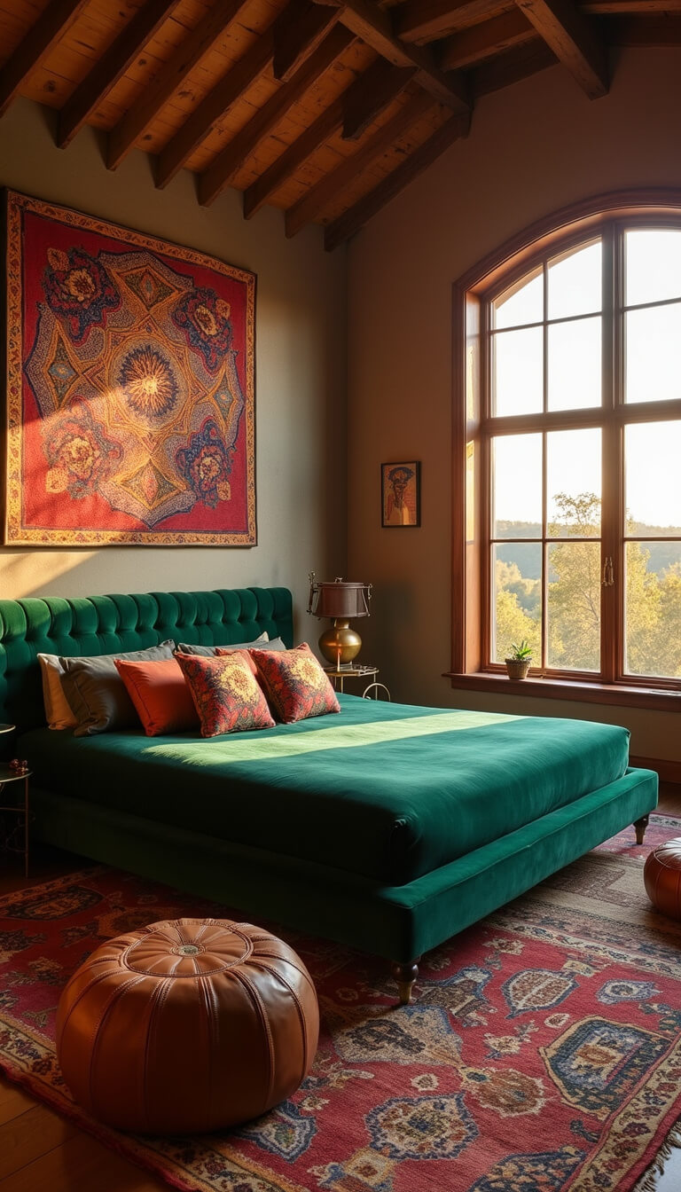 Bohemian attic suite at sunset with emerald velvet bed, Moroccan poufs, brass tables, layered kilim rugs, and golden hour lighting.