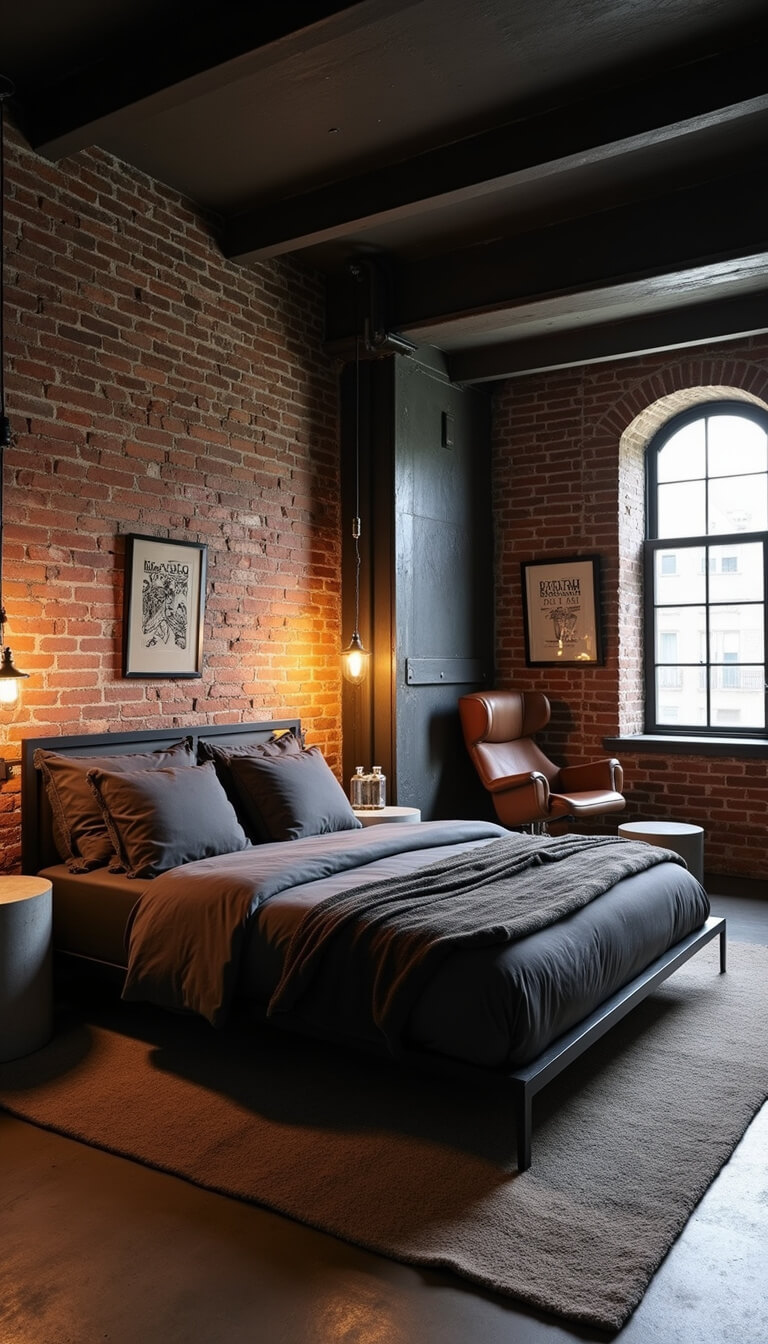 Industrial chic attic loft with exposed brick, steel beams, charcoal bed linens, factory pendant lights, concrete tables, and vintage leather armchair in a moody nighttime setting.