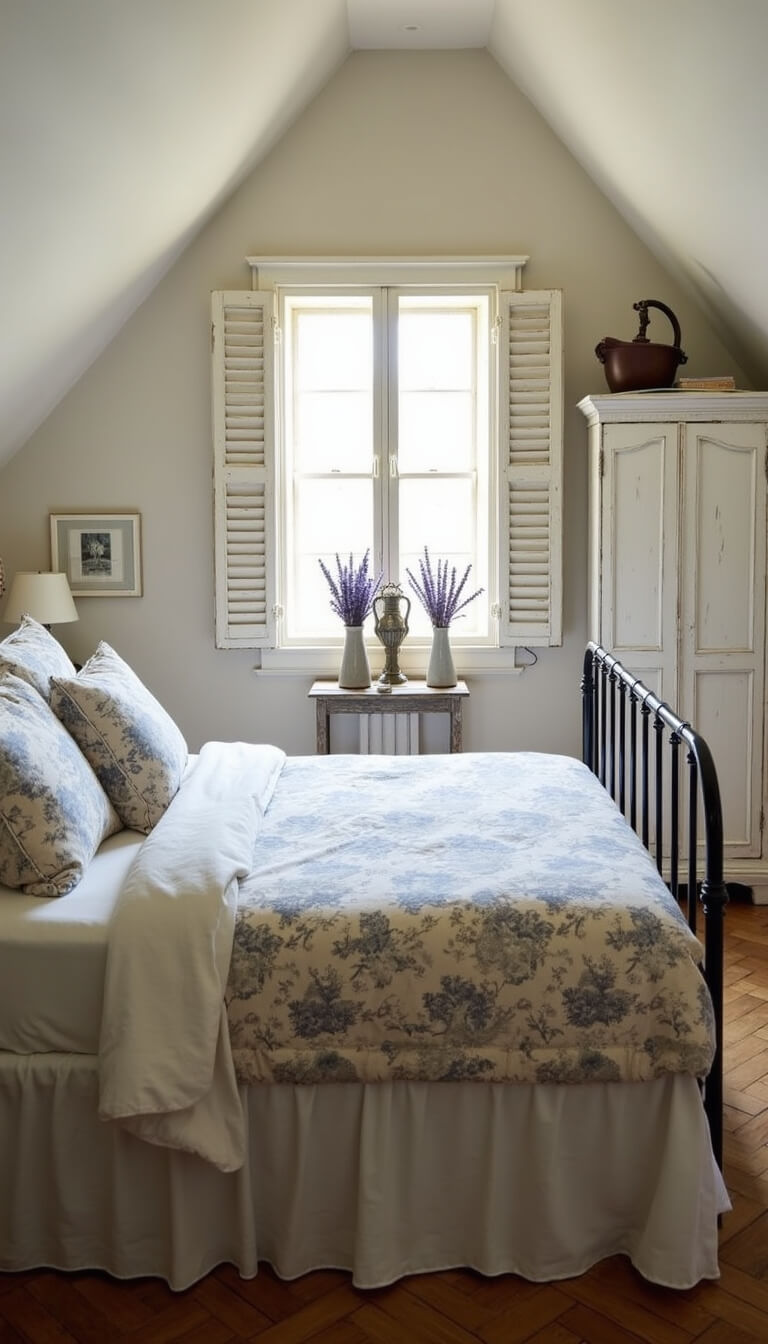 French country attic bedroom with curved metal bed, toile bedding, whitewashed armoire, lavender in vintage pitchers, distressed shutters, and herringbone floors in soft afternoon light.