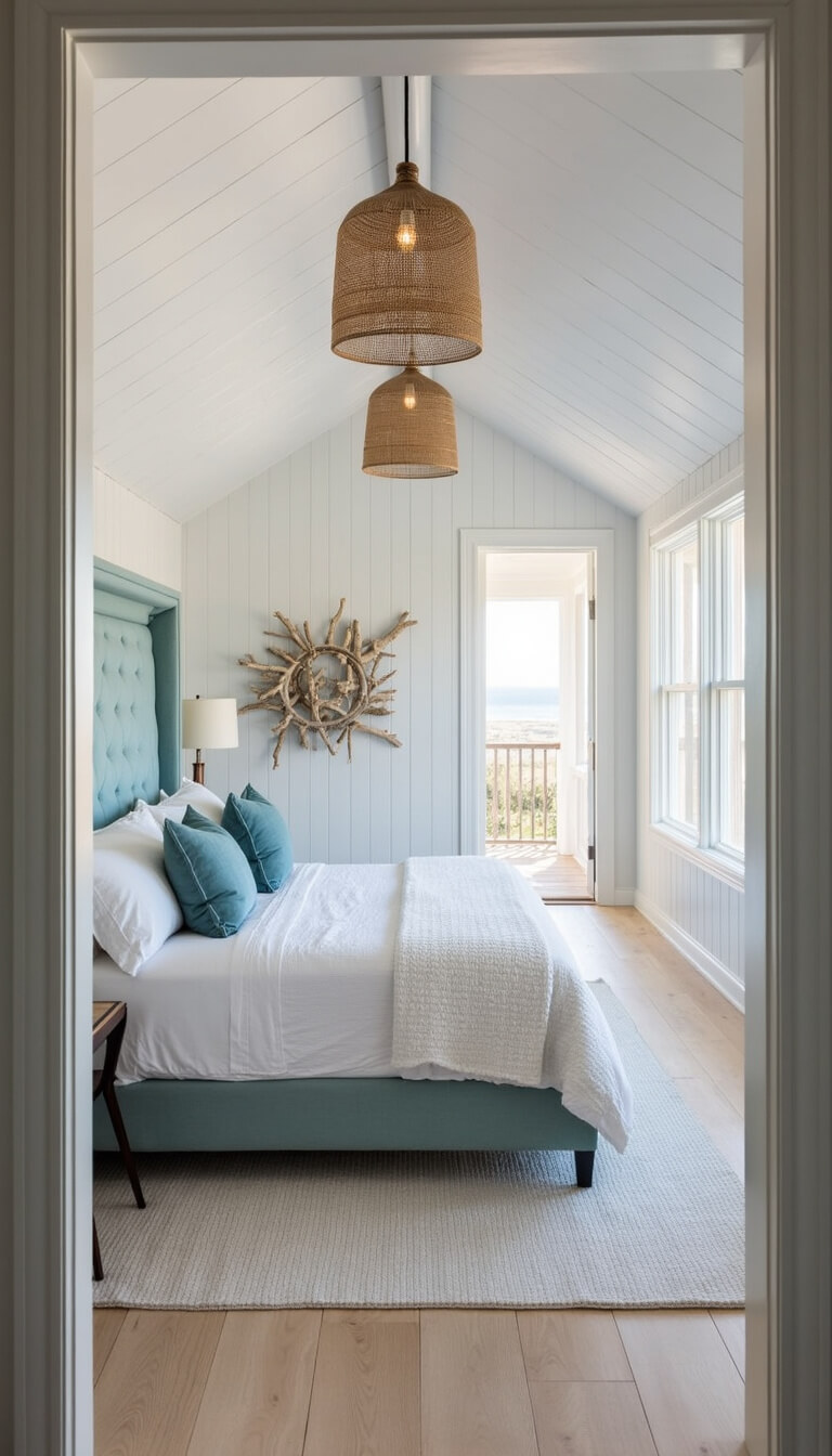 Coastal attic bedroom with sea glass blue headboard, white shiplap walls, driftwood art, and woven pendant lights in cool dawn light.