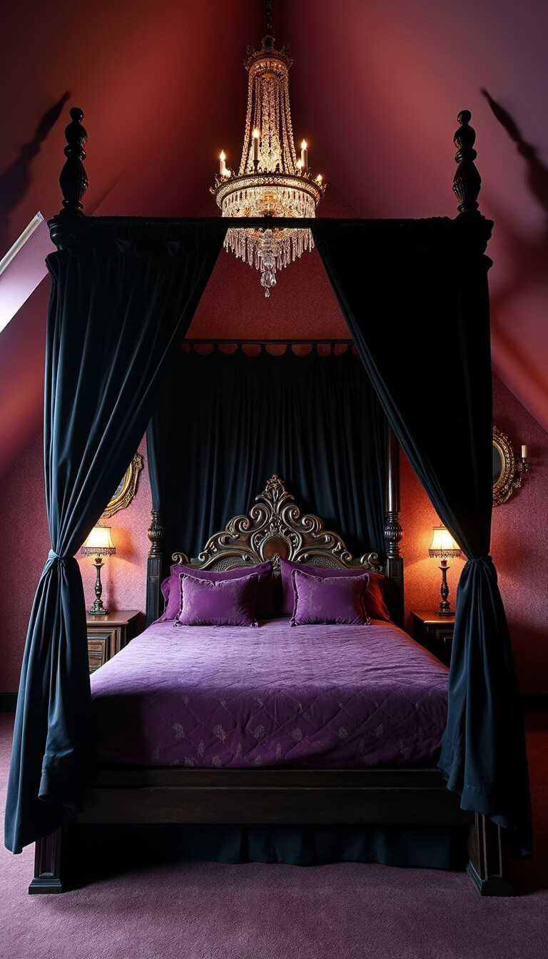 Gothic romantic attic bedroom with black-curtained four-poster bed, crystal chandelier, ornate gold mirrors, purple velvet accents, and moody twilight lighting.
