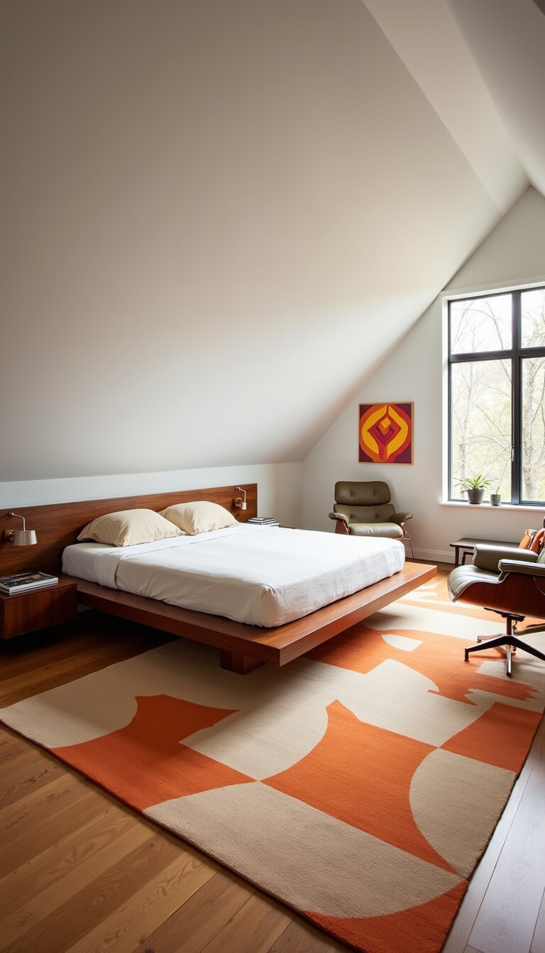 Mid-century modern attic retreat with walnut platform bed, Eames lounge chair, geometric rug, and abstract art in bright natural light.