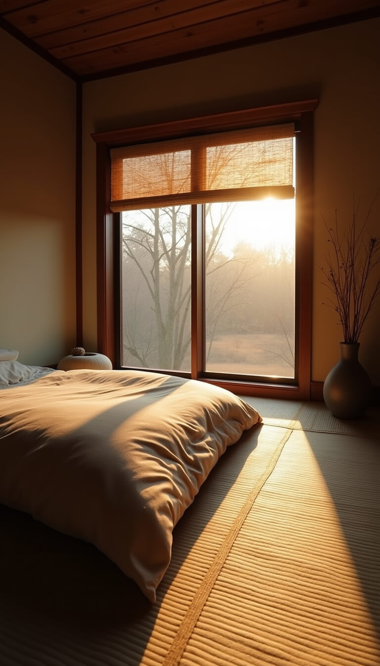 Japandi attic sanctuary with low futon on tatami platform, black rice paper screens, ikebana arrangement, and bamboo shades in soft sunrise light.