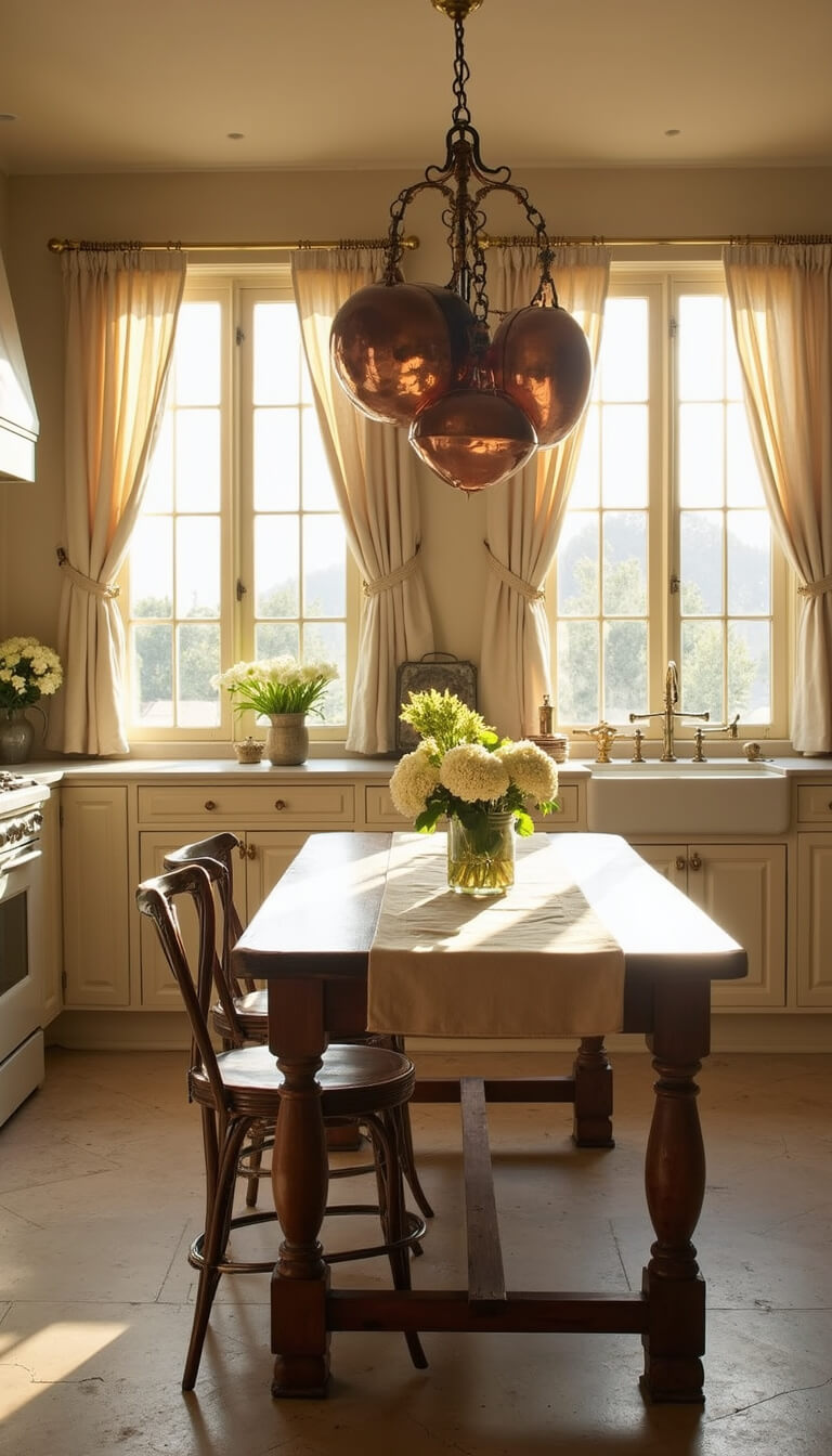 French country kitchen with cream cabinets, copper pots, and natural light on herringbone limestone floors.