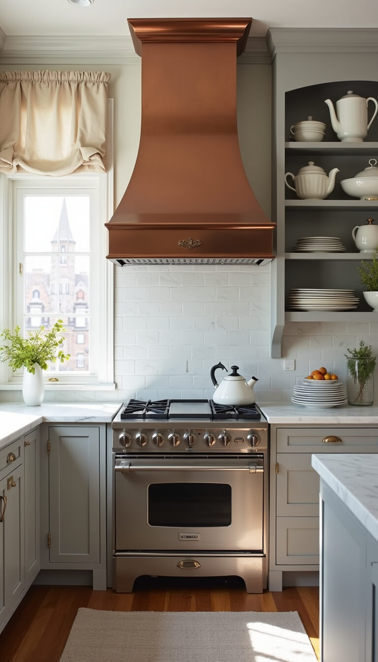 Parisian-style kitchen with grey cabinets, Carrara marble countertops, antique copper range hood, and morning light filtering through cafe curtains onto open shelves with white ironstone.