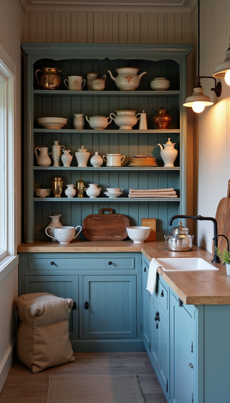French Provincial kitchen corner at dusk with a weathered blue hutch holding vintage ceramics and copperware, warm lighting, dove grey beadboard walls, and rustic textures like grain sack cushions and wooden cutting boards.