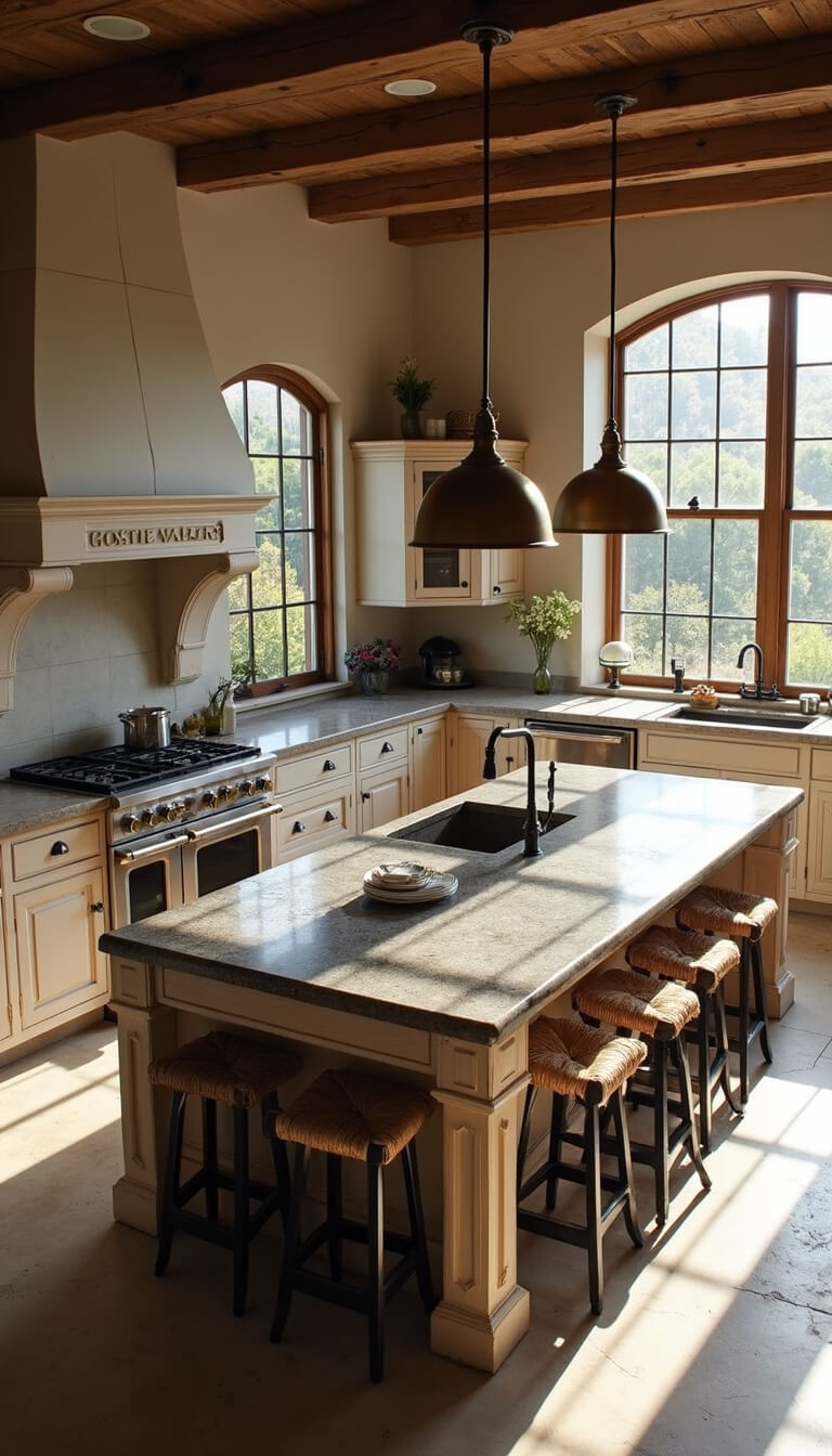 Overhead view of a 20x24ft French kitchen with a distressed white oak island, honed black granite countertop, rush-seated barstools, aged brass pendant lights, and sunlit limestone floors.