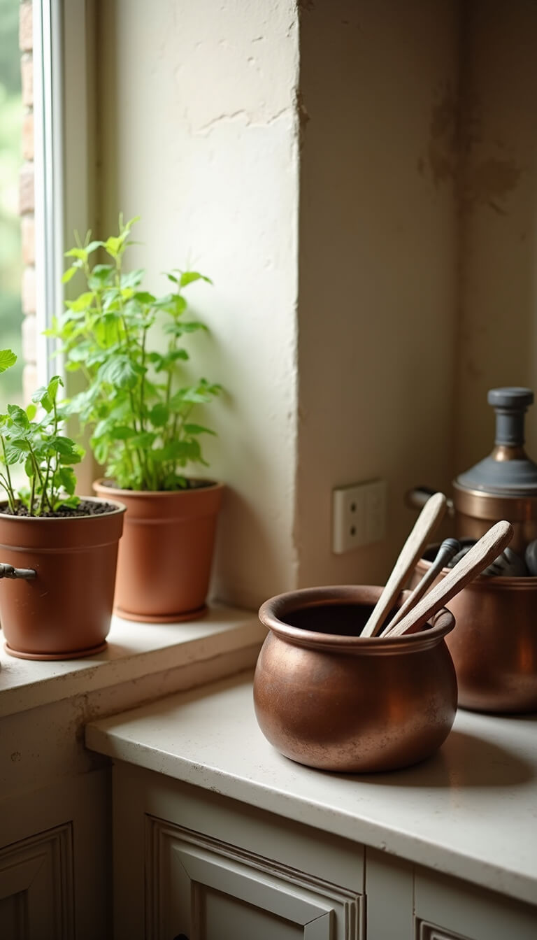 Close-up of a French kitchen alcove with copper pots, potted herbs on a window sill, and wooden spoons in a ceramic crock.