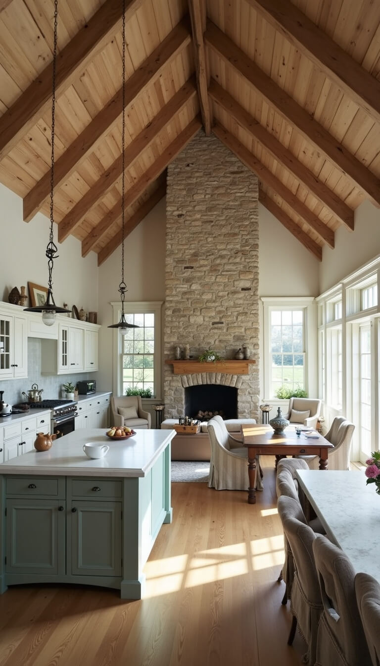 Open-concept French country kitchen with cathedral ceiling, exposed wooden beams, white and sage green cabinetry, stone fireplace, and sunlit breakfast area with antique farm table and slipcovered chairs.