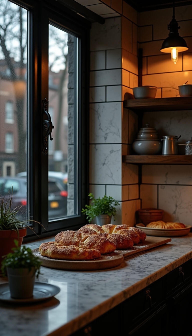 Moody French bistro kitchen with black steel windows, subway tiles, and marble counter lit by industrial sconces.