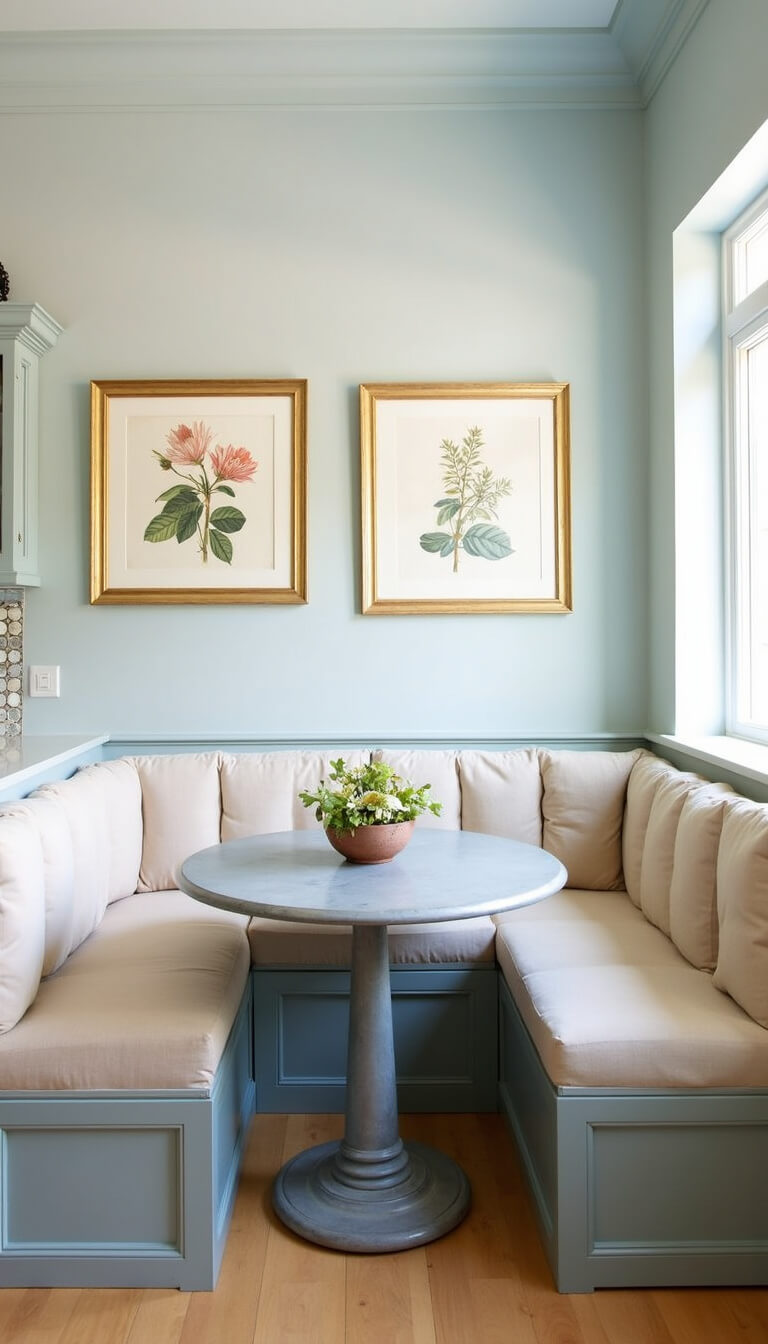 French-inspired breakfast nook with linen banquette, zinc table, and botanical prints on pale blue walls.
